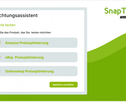 Auswahlmaske im Einrichtungsassistenten von SnapTrade mit Produktoptionen für Amazon, eBay und Onlineshop – Anleitung SnapTrade zur Preisoptimierung auf verschiedenen Marktplätzen