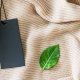 Ausschnitt eines hellbraunen Kleidungsstücks, darauf ein Preislabel und ein grüne Blatt – Symbolbild für nachhaltige Preisstrategie im E-Commerce.