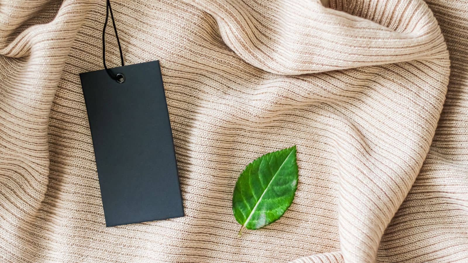 Ausschnitt eines hellbraunen Kleidungsstücks, darauf ein Preislabel und ein grüne Blatt – Symbolbild für nachhaltige Preisstrategie im E-Commerce.