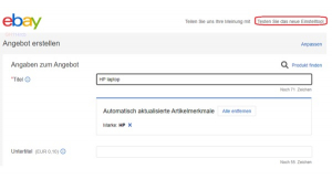 Oberfläche des eBay-Einstelltools