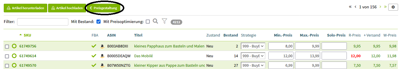 Preisgestaltung unter Artikel