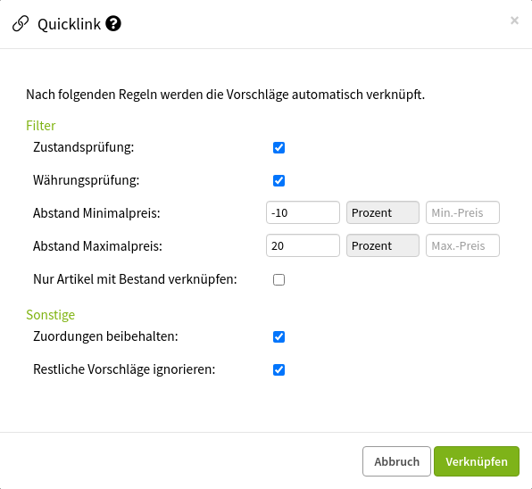 Screenshot: Quicklinks zu Schnellverknüpfungen