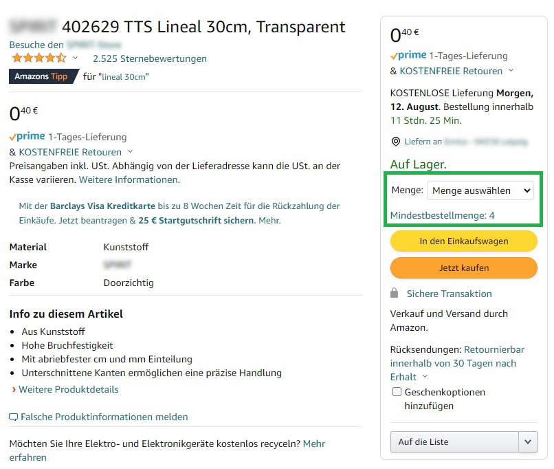 Der Screenshot zeigt ein Produkt bei Amazon, das eine Mindestbestellmenge aufweist