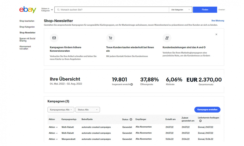 The image shows a screenshot of the newsletter analysis for eBay stores