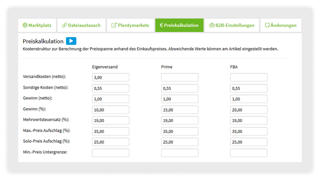 Screenshot der SnapTrade-Preiskalkulation für Amazon.de. Zu sehen ist die Eingabemaske mit den Kostenfeldern für Eigenversand, Prime und FBA, einschließlich Versandkosten, sonstigen Kosten, Gewinn, Mehrwertsteuer und Preisaufschlägen.