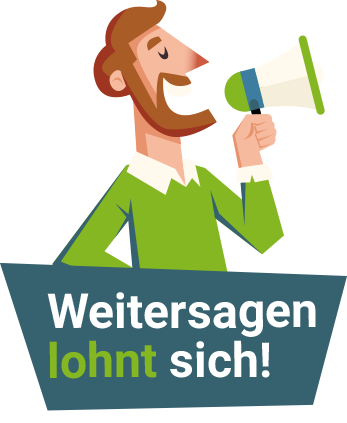 SnapTrade affiliate graphic with a man holding a loudspeaker in his left hand and shouting something into it; below the inscription Weitersagen lohnt sich