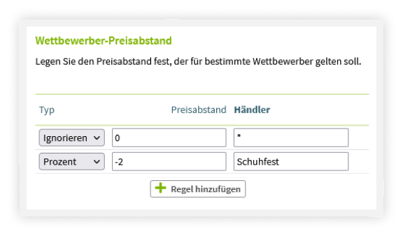 Neue ShopSPY Funktion: Wettbewerberpreisabstand, Auswahl direkter Wettbewerber über spezielle Regeln.