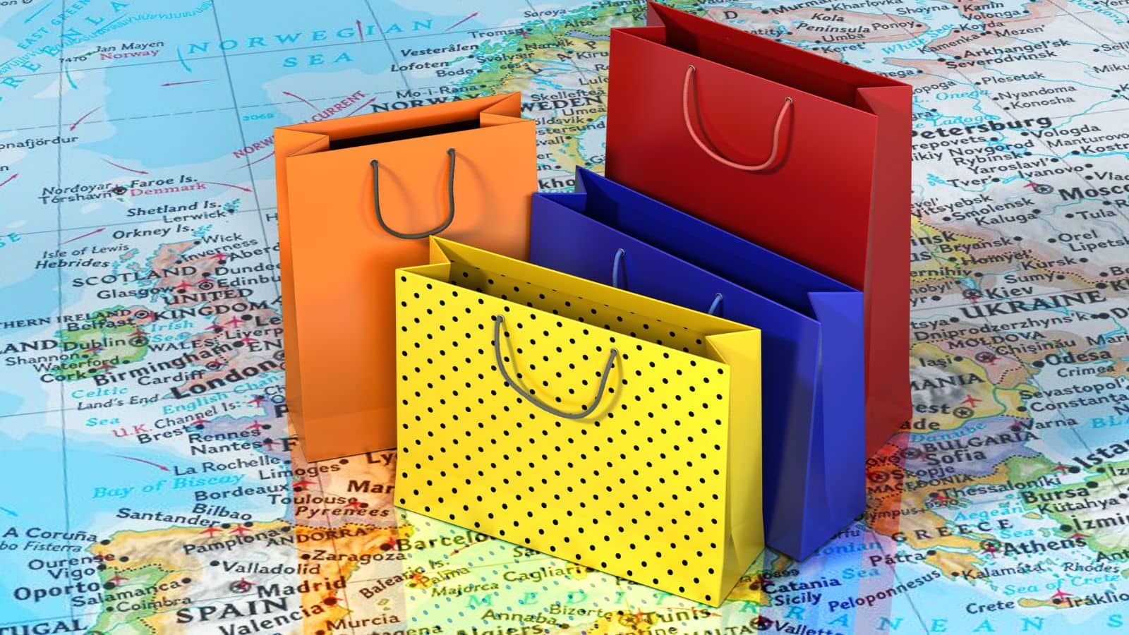 Einkaufstüten in verschiedenen Farben auf einer Europakarte symbolisieren internationalen B2B-Handel über Amazon.